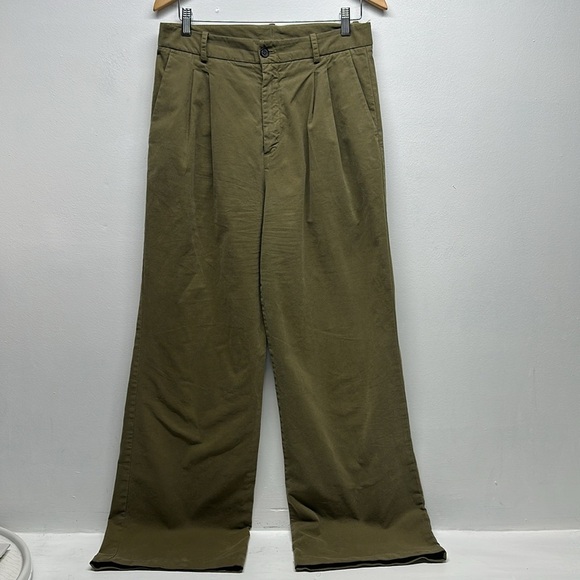Nili Lotan Flavie Pants Trouser Wide Leg Flare Pleated Pockets Army Green Size 8 - Picture 1 of 9